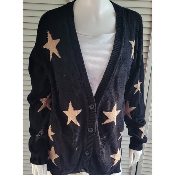 Womans Sweater Olivia Sky Star Graphic Knit Distressed Hobo Button Cardigan Sz L - Picture 11 of 11